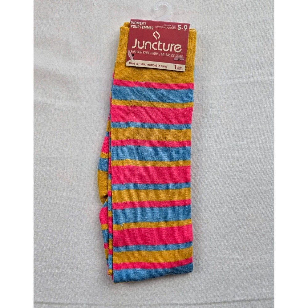 NWT Juncture Women Knee High Socks Size 5-9 Pink Blue Mustard Stripe Colorful